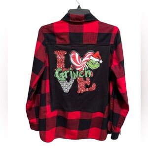 Upcycled One-of-a-Kind Old Navy Grinch Plaid Flannel Shirt. Size M